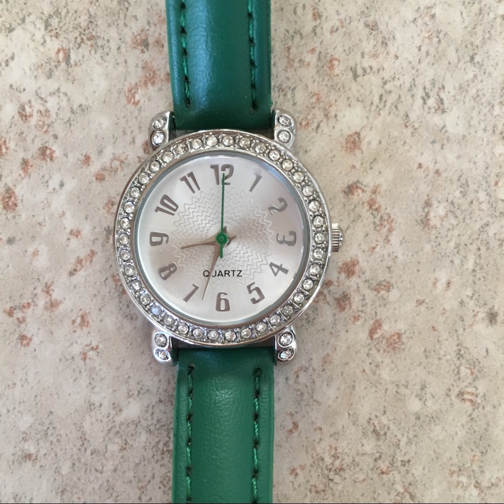 Green Fashion Watch w/ Cubic Zirconia Accents